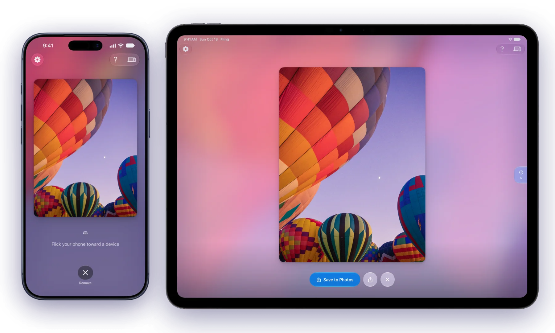 An iPhone with a photo of hot air balloons ready to fling, next to an iPad showing the same photo after it arrived