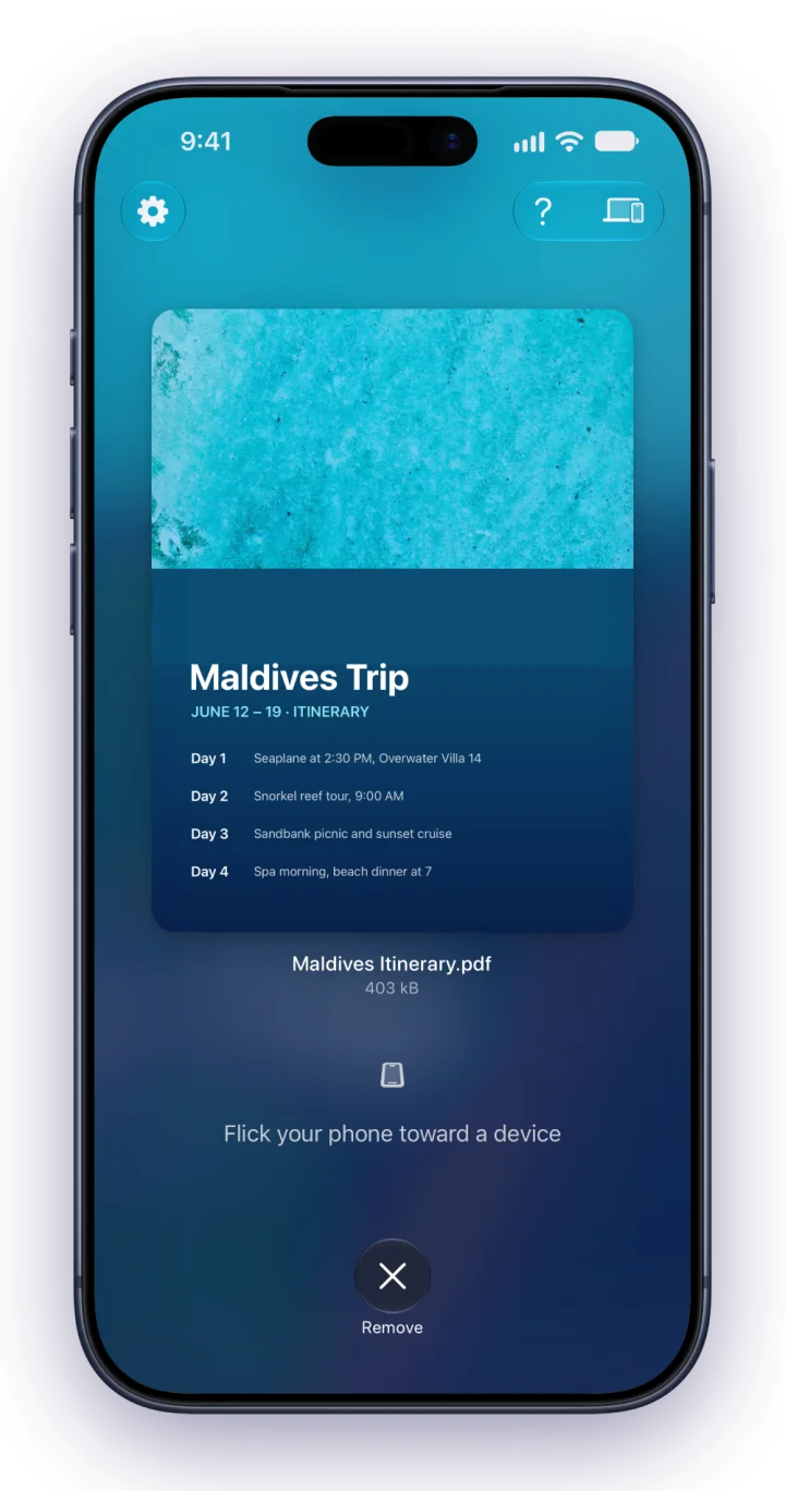 Fling on iPhone with a trip itinerary PDF ready to send