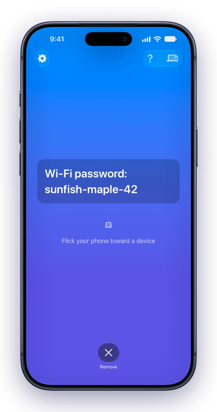 Fling on iPhone with a Wi-Fi password ready to send